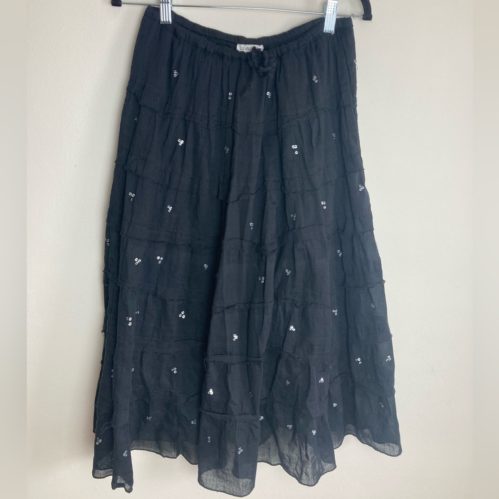 Level Nine Medium Flowy Black Skirt Sequins Witchy Whimsigoth Prarie Peasant